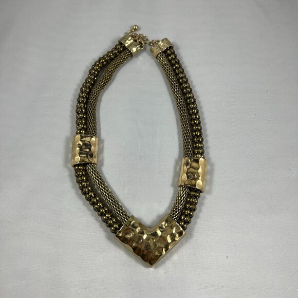 Jewelry - Gold-Tone Multi-Strand Beaded Necklace With Hammered Metal Accents & Adjustable